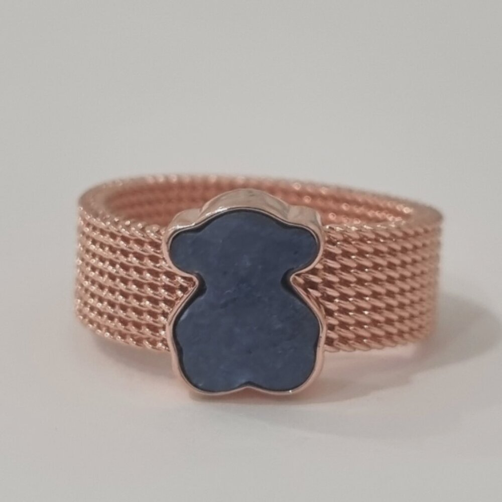 Tous Rose Gold Mesh Ring with Blue Teddy Bear Inlay